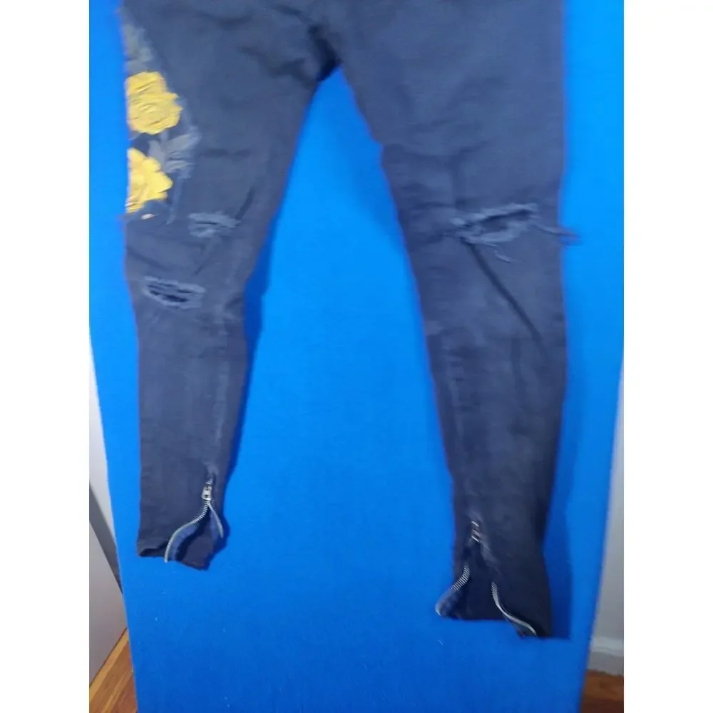 Golden Black Skinny Jeans Women Size 30 Yellow Floral Rose Embroidery Zipper - Picture 7 of 13